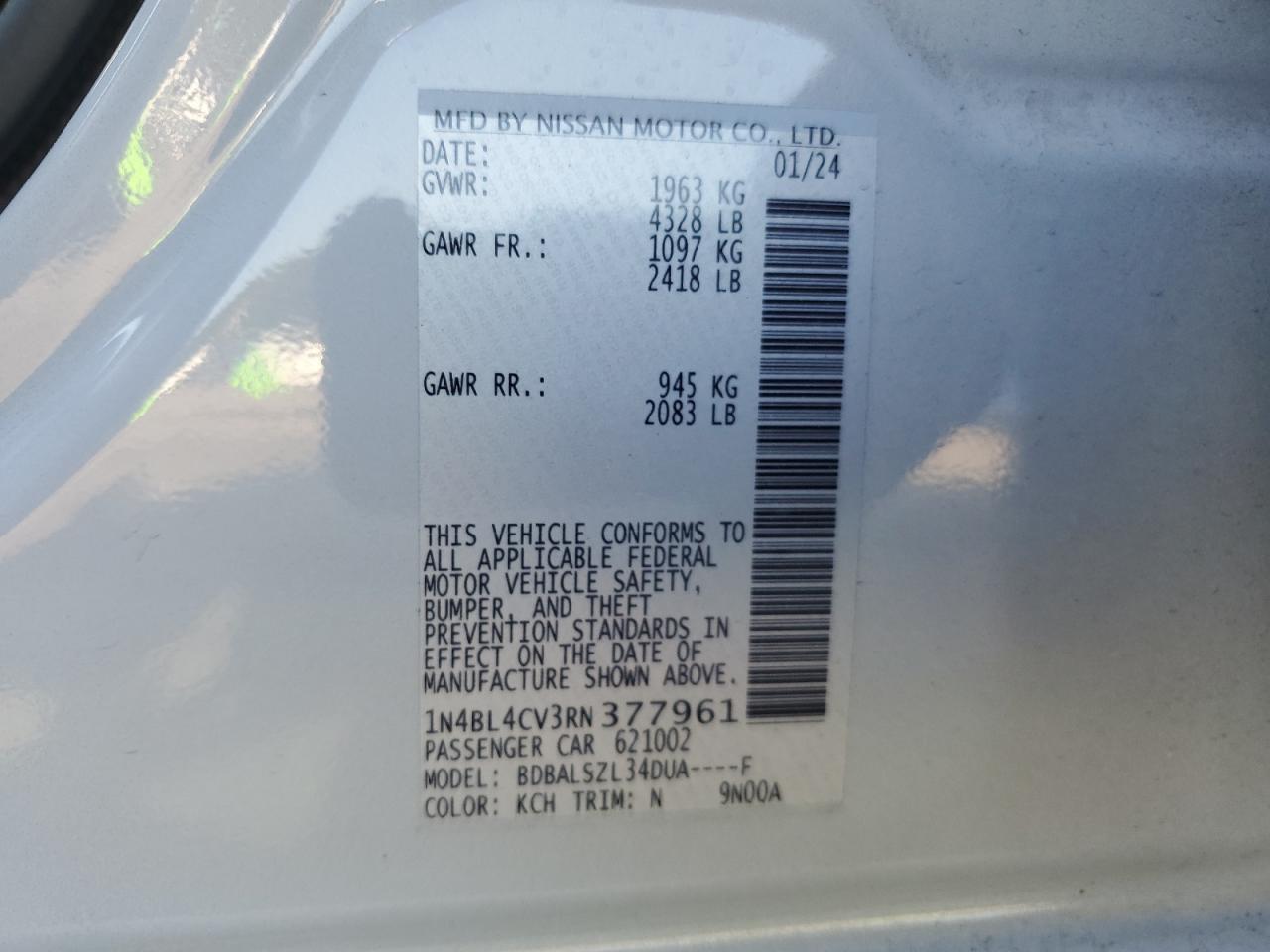 2024 NISSAN ALTIMA SR VIN:1N4BL4CV3RN377961