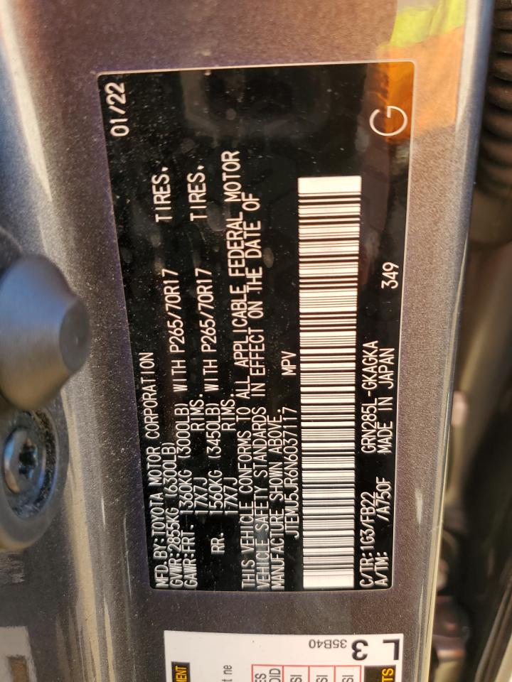 2022 TOYOTA 4RUNNER SR5/SR5 PREMIUM VIN:JTEMU5JR6N6037117