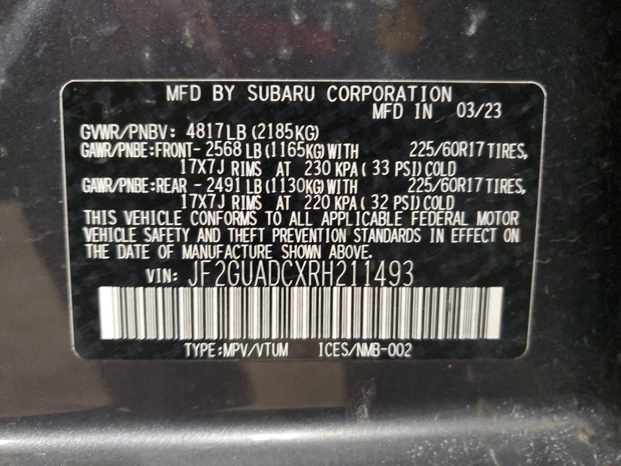 2024 SUBARU CROSSTREK PREMIUM VIN:JF2GUADCXRH211493