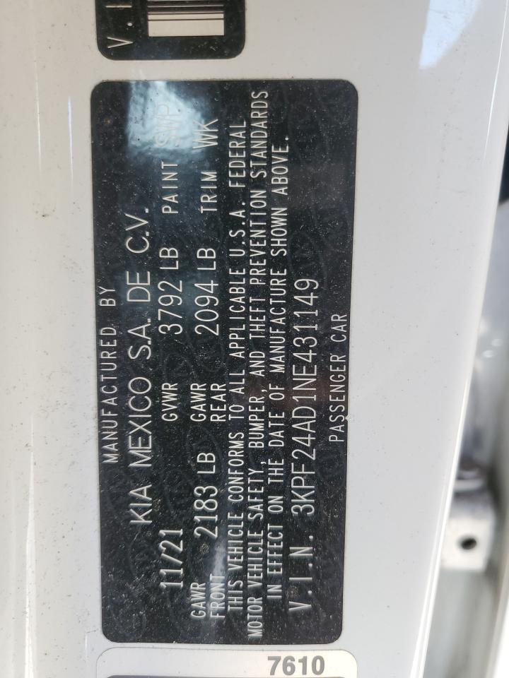 2022 KIA FORTE FE VIN:3KPF24AD1NE431149