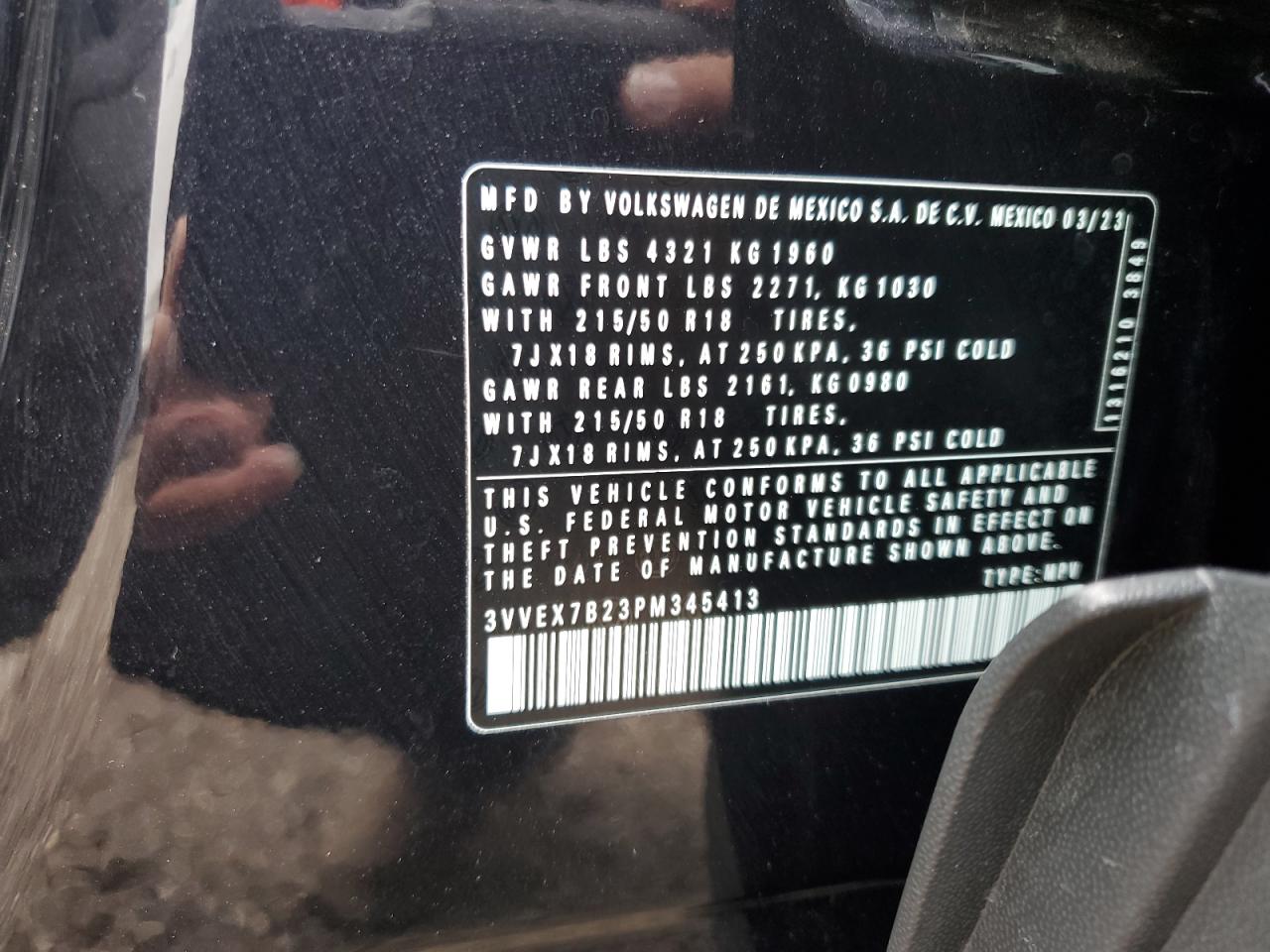 2023 VOLKSWAGEN TAOS SE VIN:3VVEX7B23PM345413