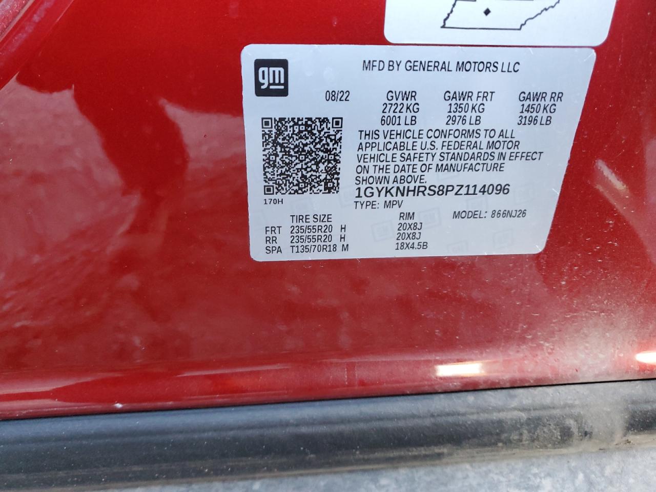 2023 CADILLAC XT5 SPORT VIN:1GYKNHRS8PZ114096