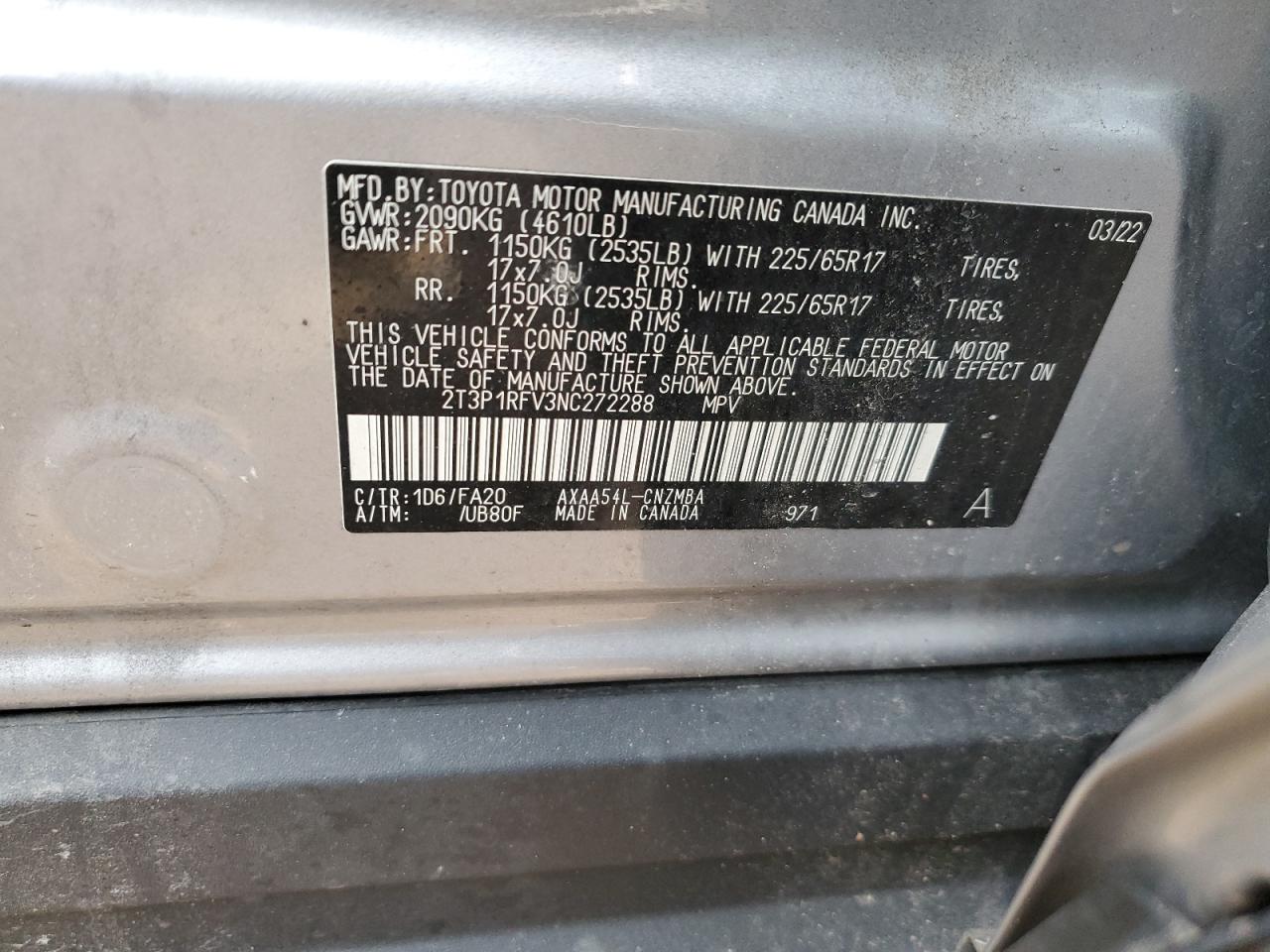 2022 TOYOTA RAV4 XLE VIN:2T3P1RFV3NC272288