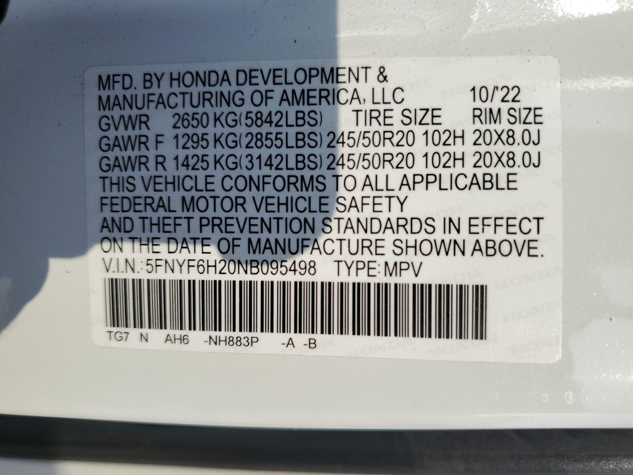 2022 HONDA PILOT SE VIN:5FNYF6H20NB095498