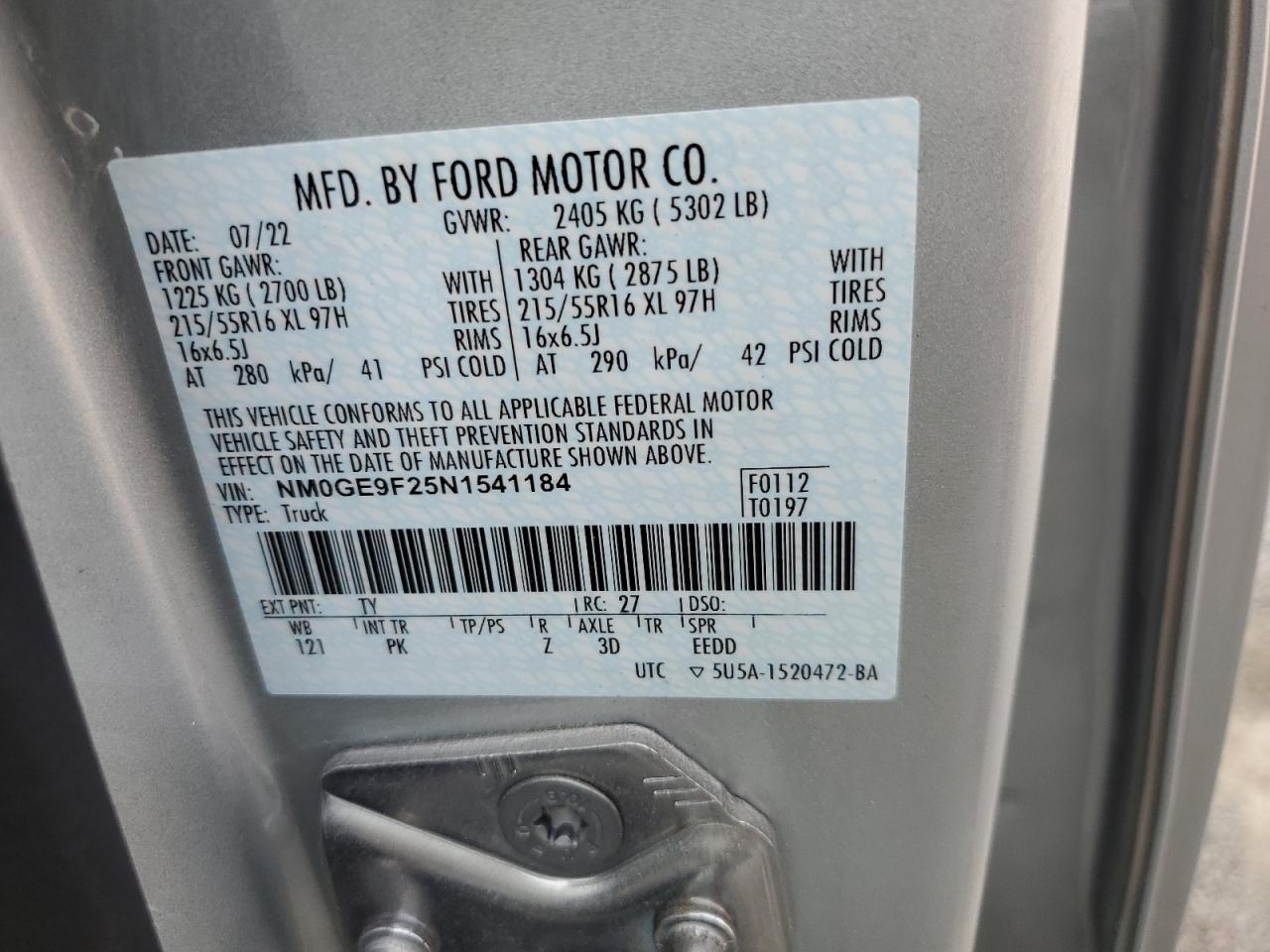 2022 FORD TRANSIT CONNECT XLT VIN:NM0GE9F25N1541184