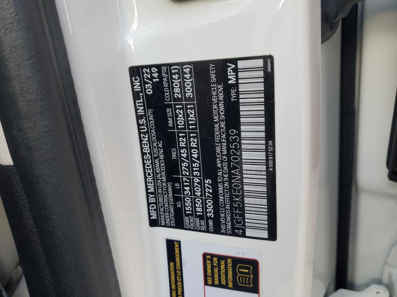 2022 MERCEDES-BENZ GLS 450 4MATIC VIN:4JGFF5KE0NA702539