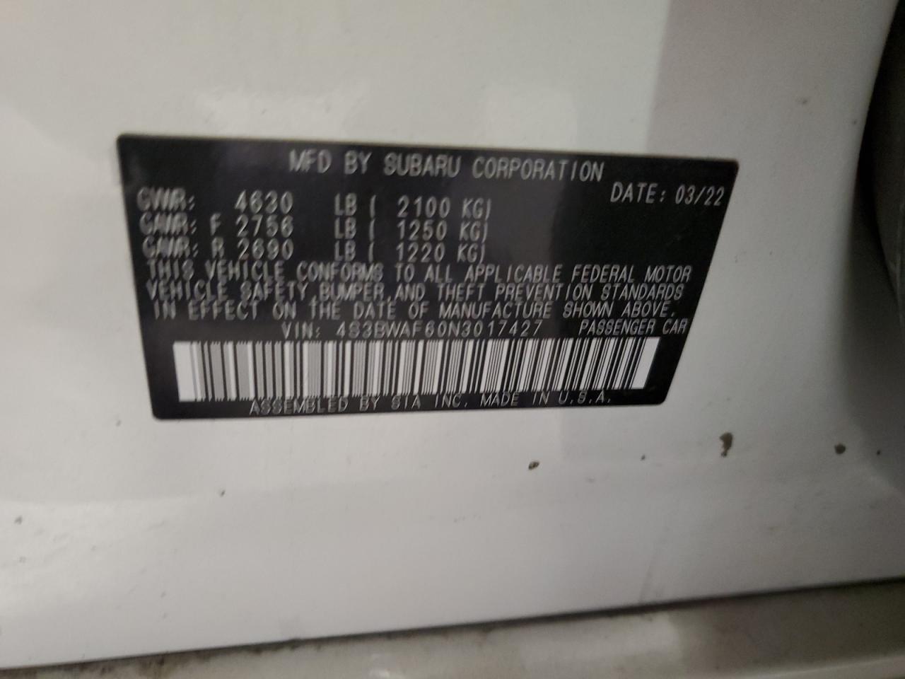 2022 SUBARU LEGACY PREMIUM VIN:4S3BWAF60N3017427