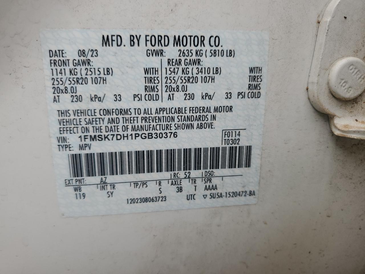 2023 FORD EXPLORER XLT VIN:1FMSK7DH1PGB30376