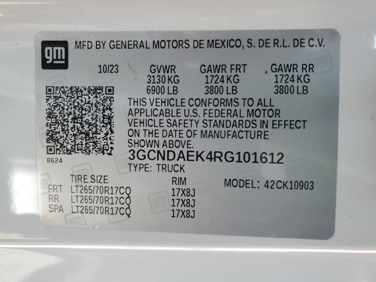 2024 CHEVROLET SILVERADO K1500 VIN:3GCNDAEK4RG101612