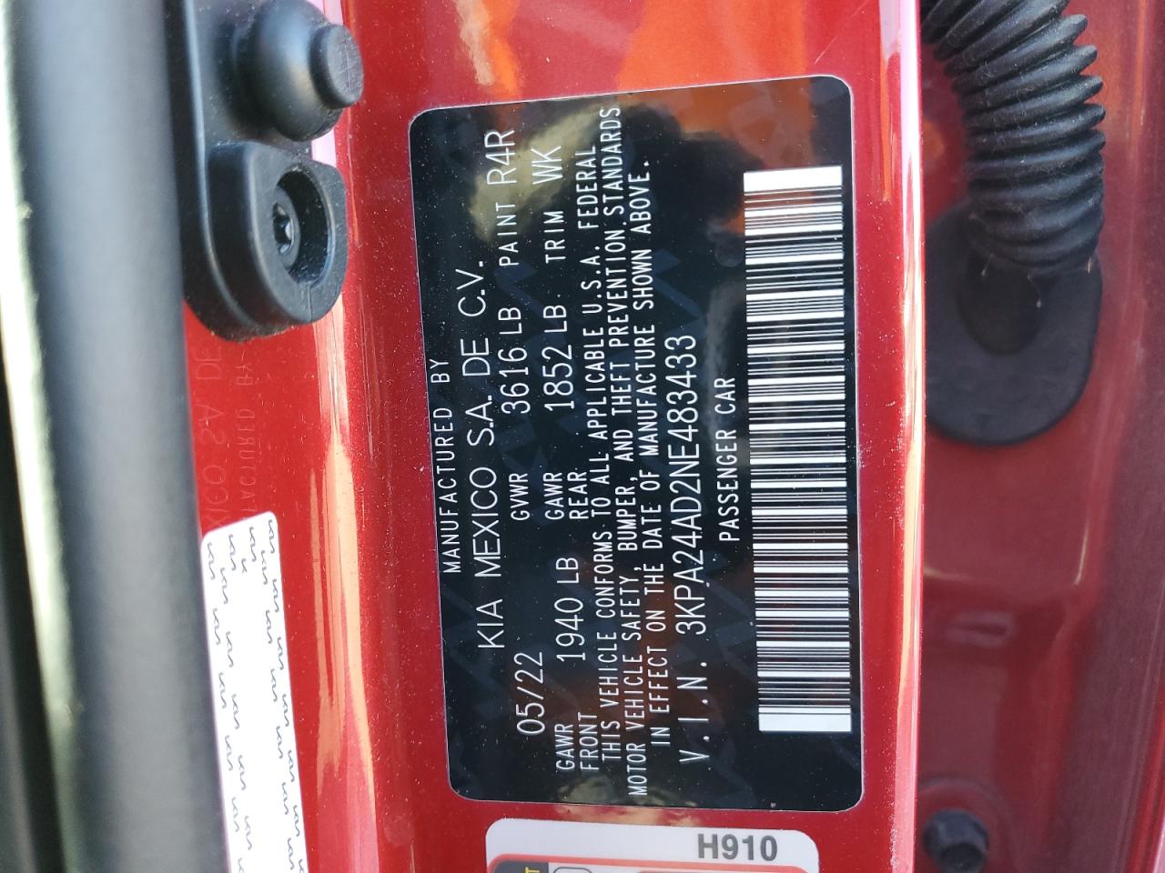 2022 KIA RIO LX VIN:3KPA24AD2NE483433