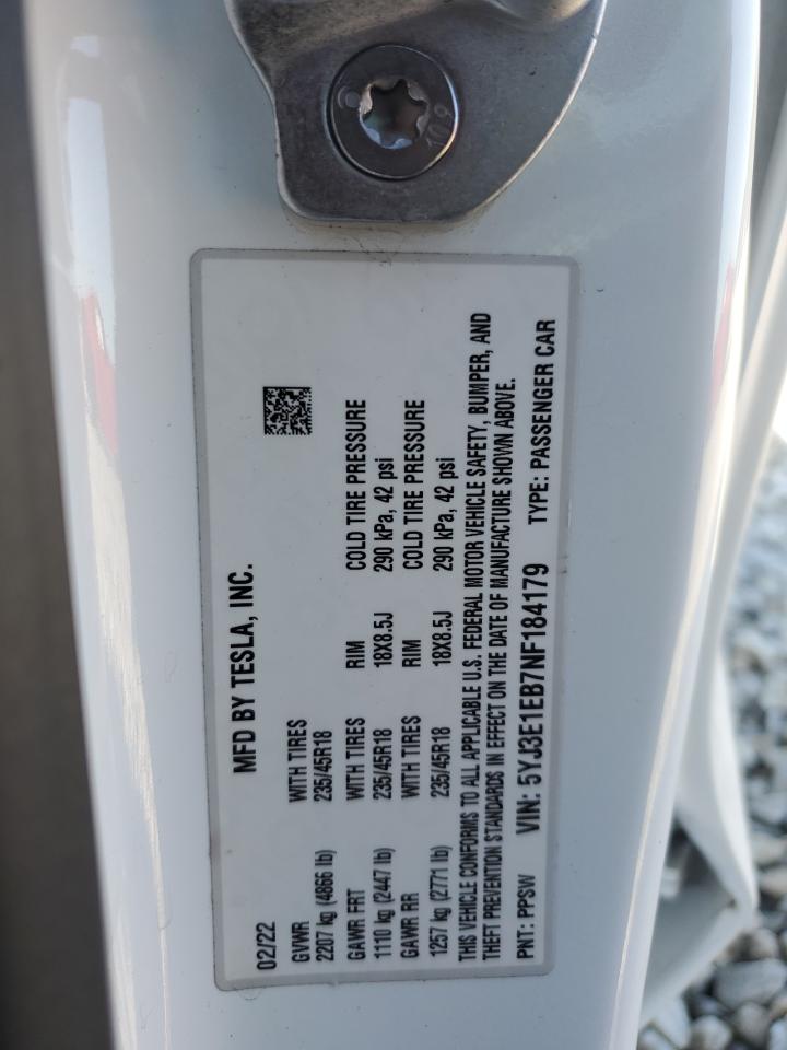 2022 TESLA MODEL 3  VIN:5YJ3E1EB7NF184179