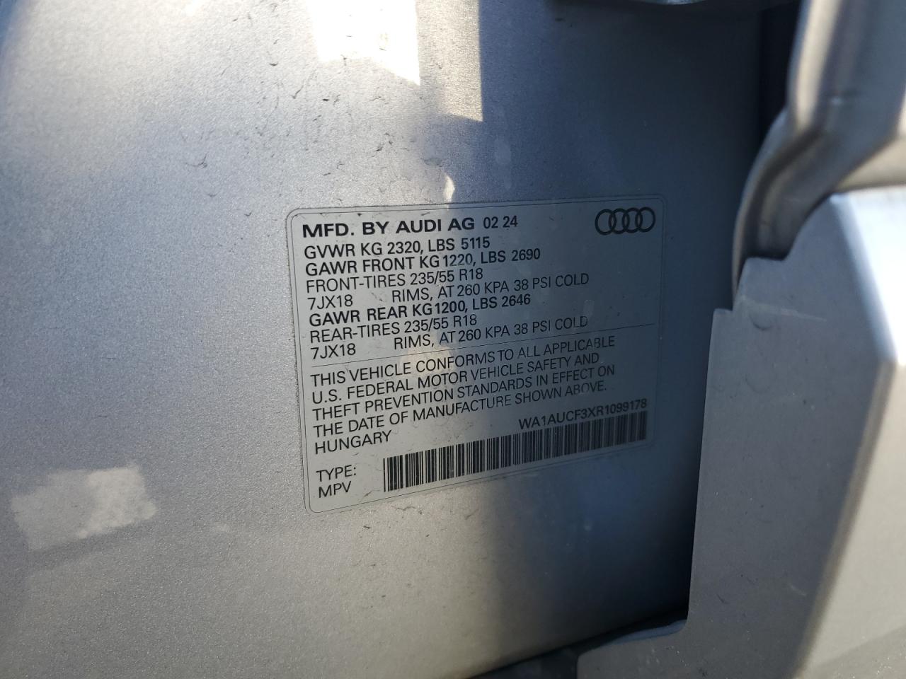 2024 AUDI Q3 PREMIUM 40 VIN:WA1AUCF3XR1099178