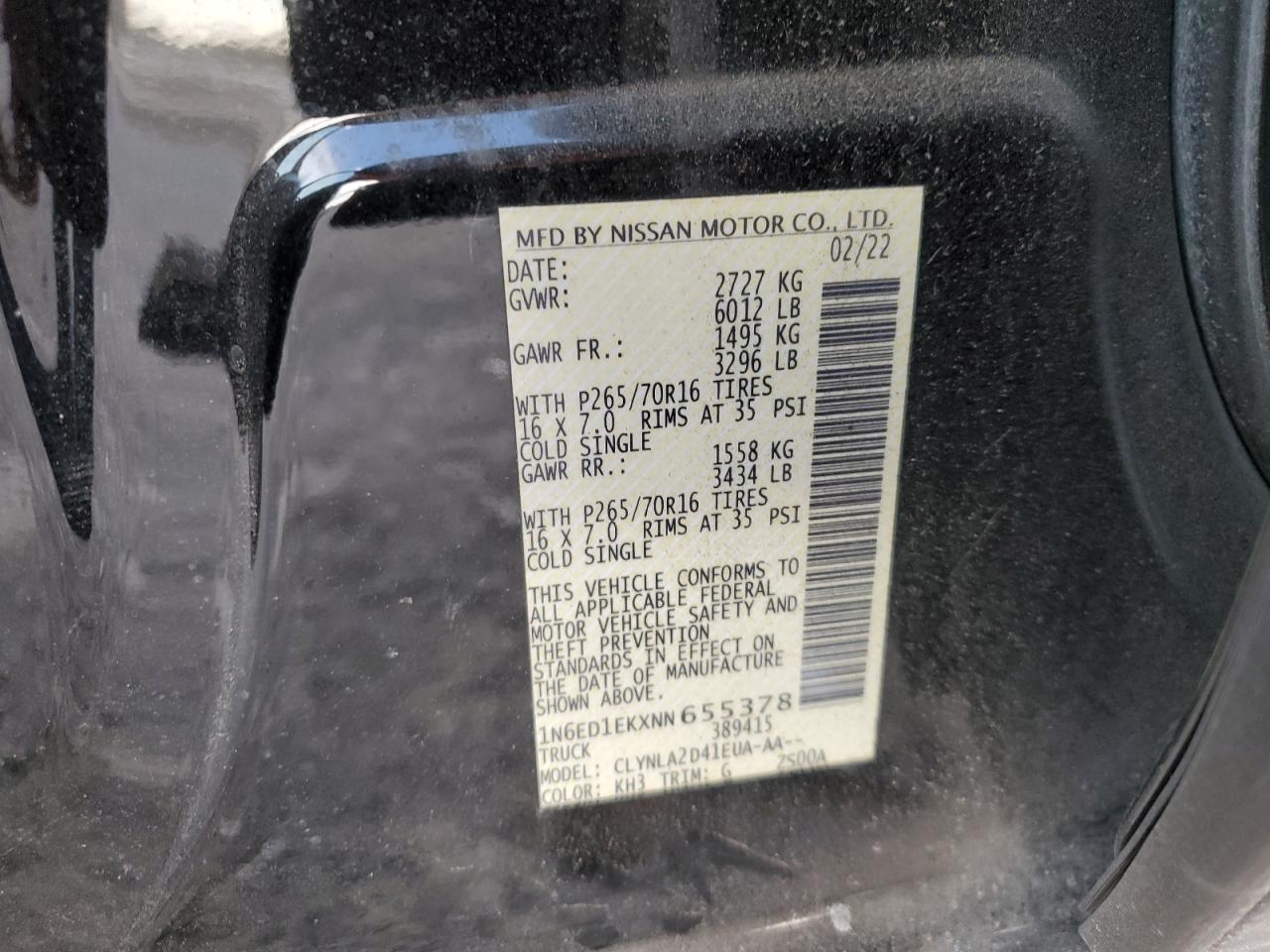 2022 NISSAN FRONTIER S VIN:1N6ED1EKXNN655378