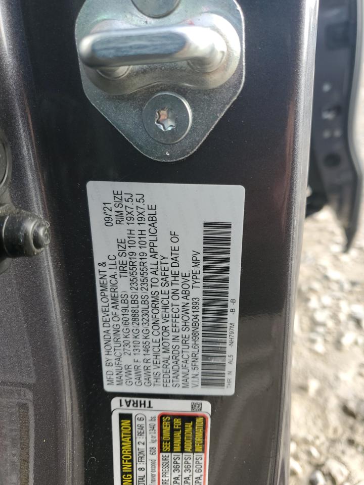 2022 HONDA ODYSSEY ELITE VIN:5FNRL6H98NB041893