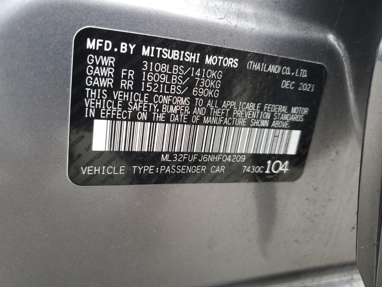 2022 MITSUBISHI MIRAGE G4 ES VIN:ML32FUFJ6NHF04209