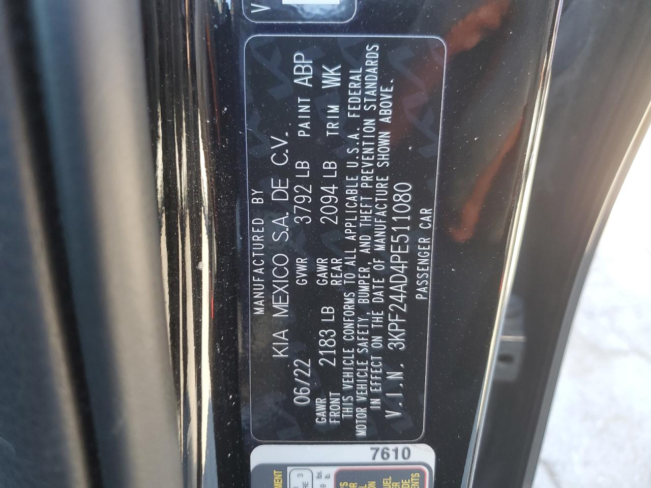 2023 KIA FORTE LX VIN:3KPF24AD4PE511080