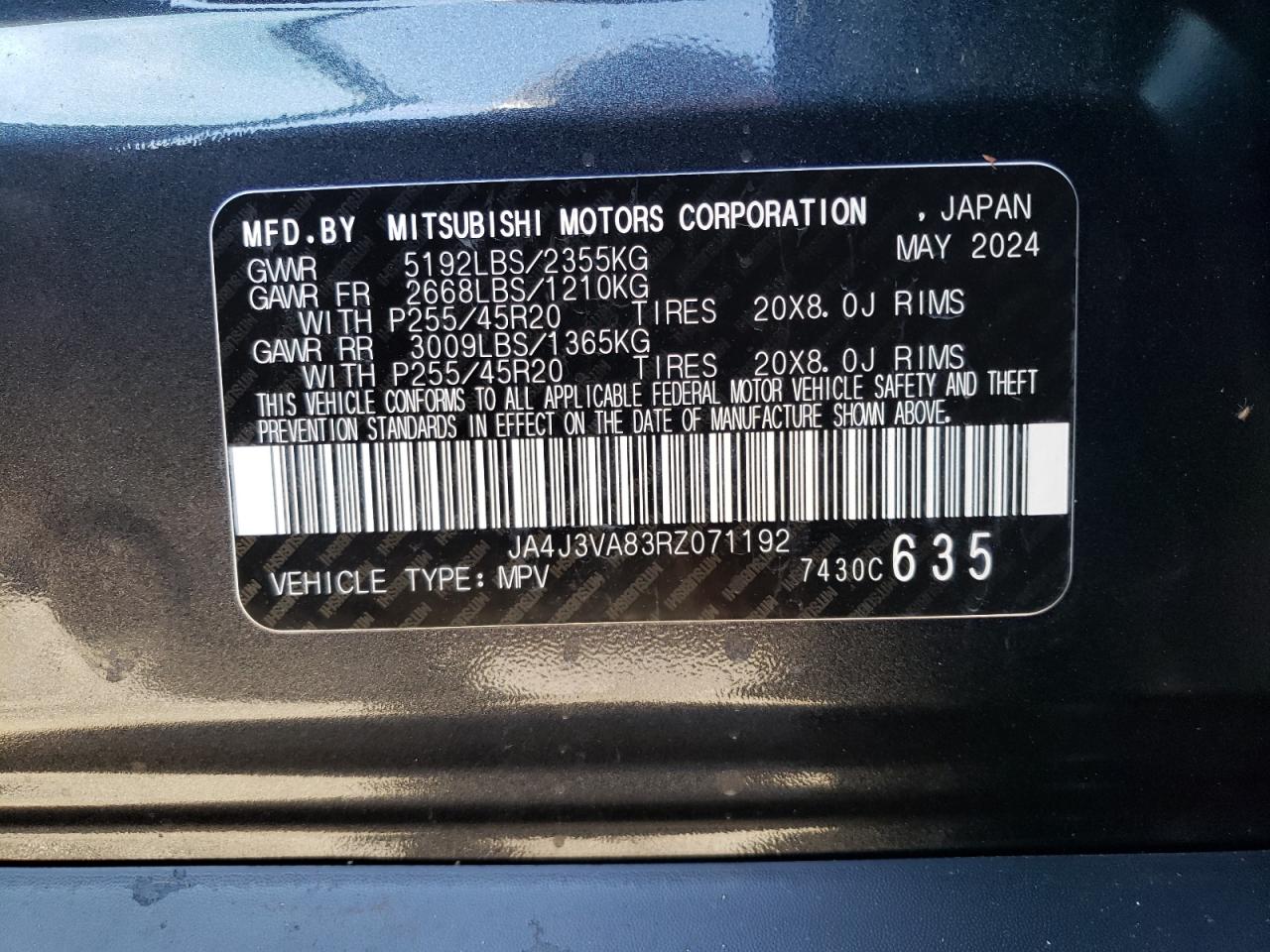 2024 MITSUBISHI OUTLANDER SE VIN:JA4J3VA83RZ071192