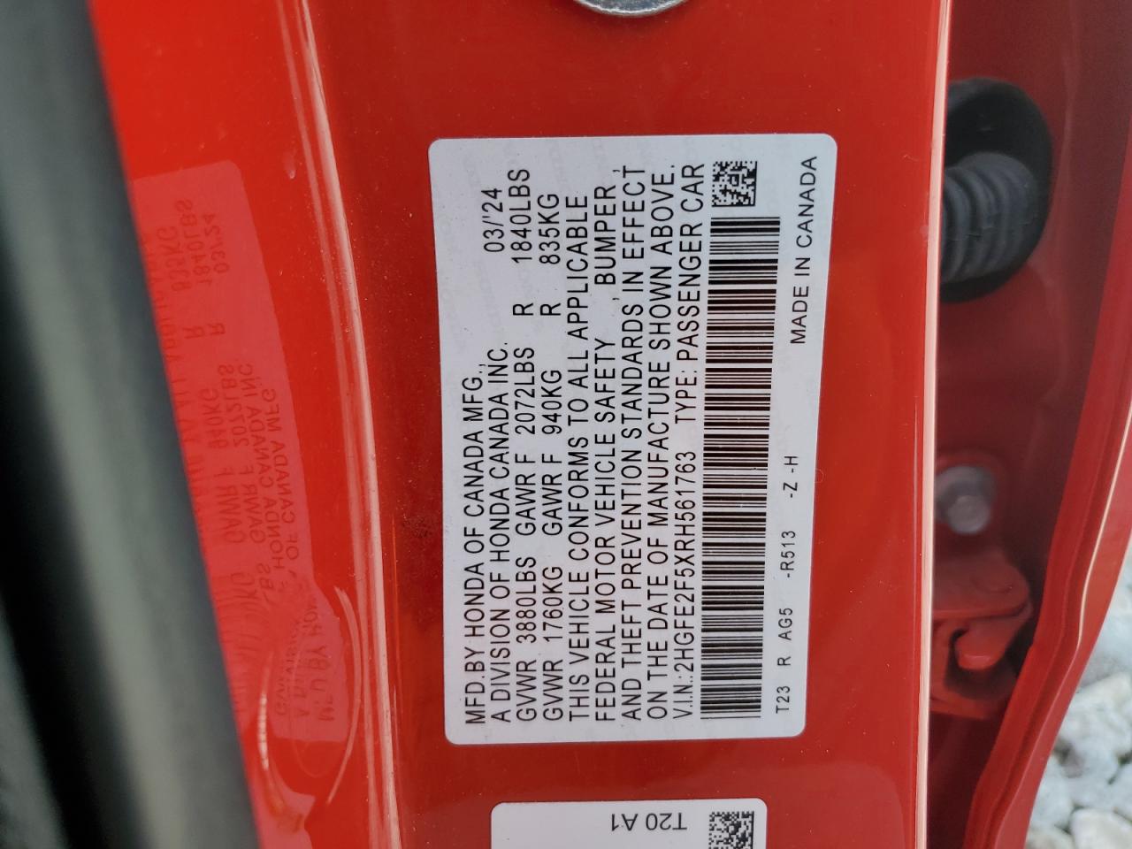 2024 HONDA CIVIC SPORT VIN:2HGFE2F5XRH561763