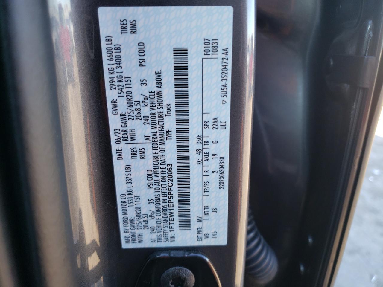 2023 FORD F150 SUPERCREW VIN:1FTEW1EP5PFC20063