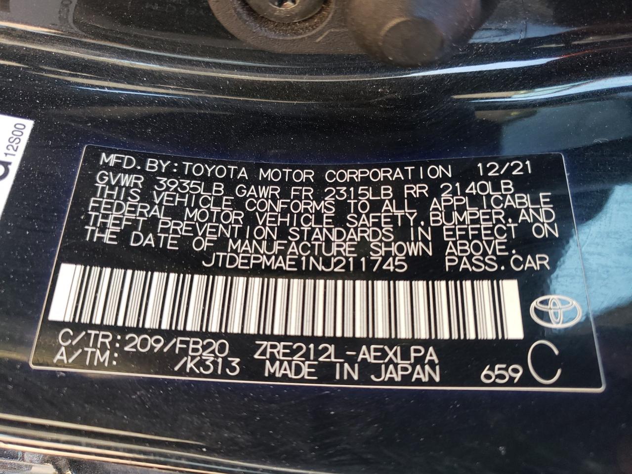 2022 TOYOTA COROLLA LE VIN:JTDEPMAE1NJ211745