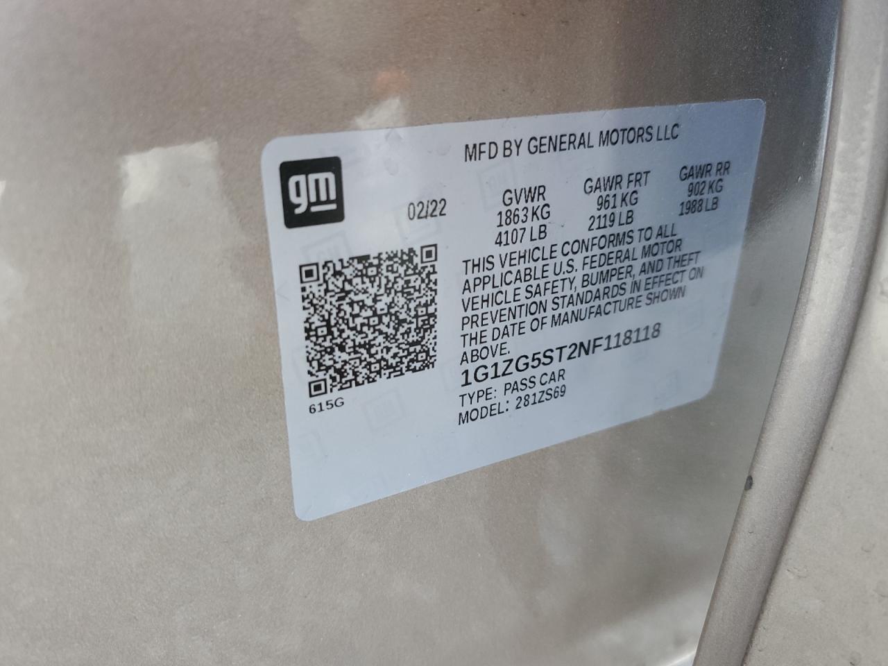 2022 CHEVROLET MALIBU RS VIN:1G1ZG5ST2NF118118