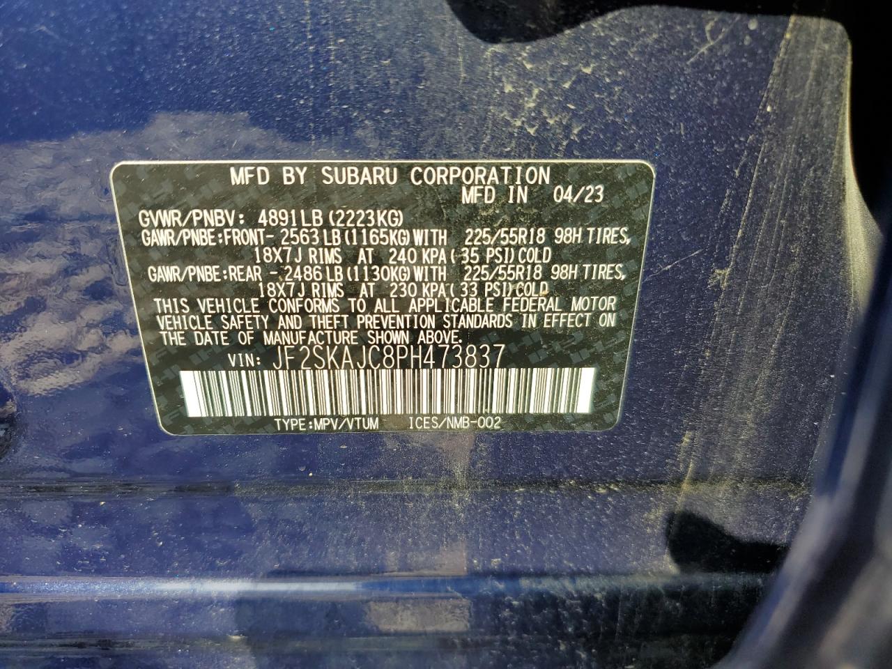 2023 SUBARU FORESTER SPORT VIN:JF2SKAJC8PH473837