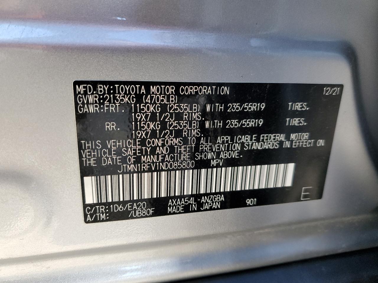 2022 TOYOTA RAV4 LIMITED VIN:JTMN1RFV1ND085800