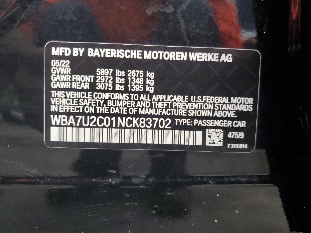 2022 BMW 750 XI VIN:WBA7U2C01NCK83702