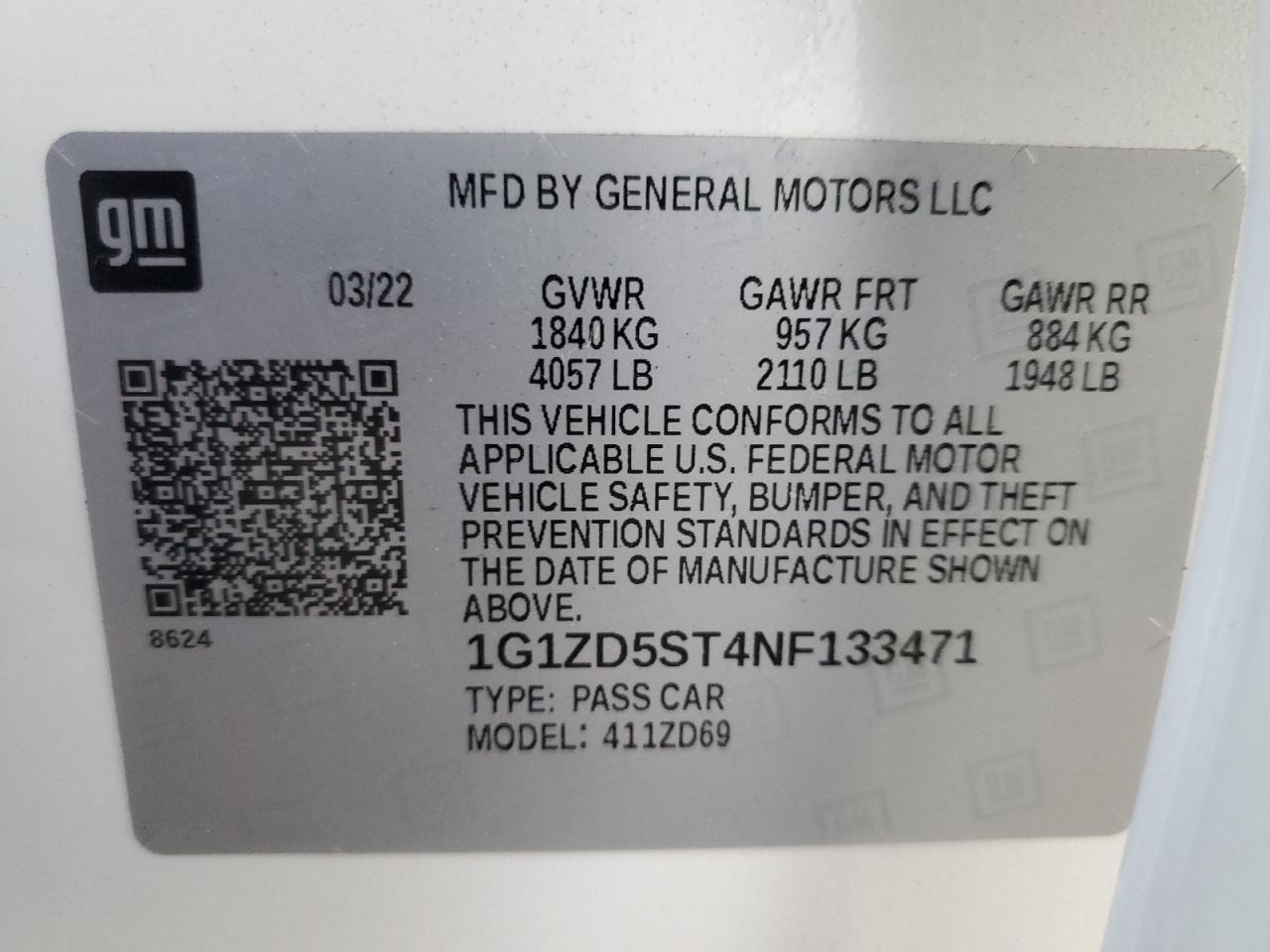 2022 CHEVROLET MALIBU LT VIN:1G1ZD5ST4NF133471