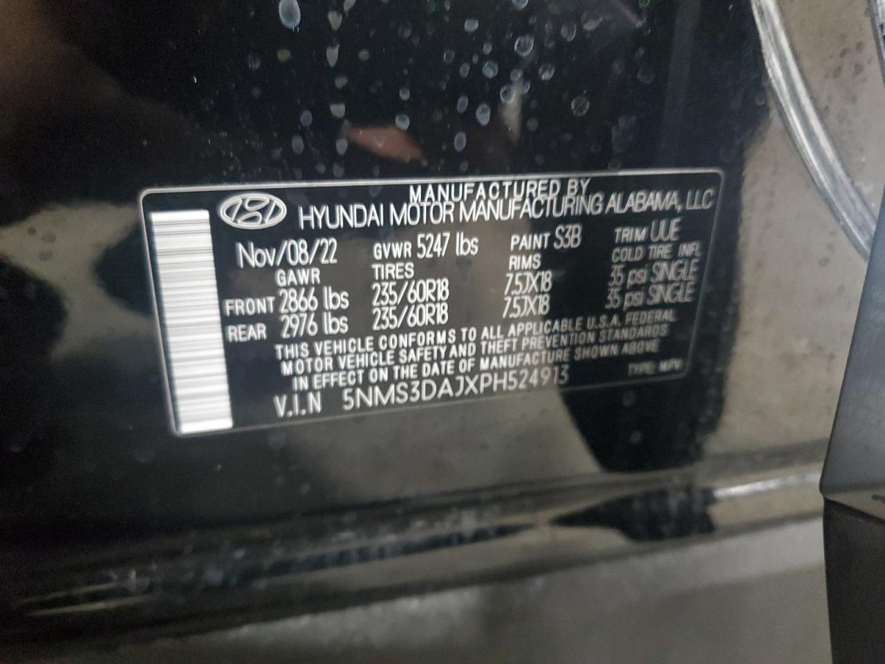 2023 HYUNDAI SANTA FE SEL PREMIUM VIN:5NMS3DAJXPH524913