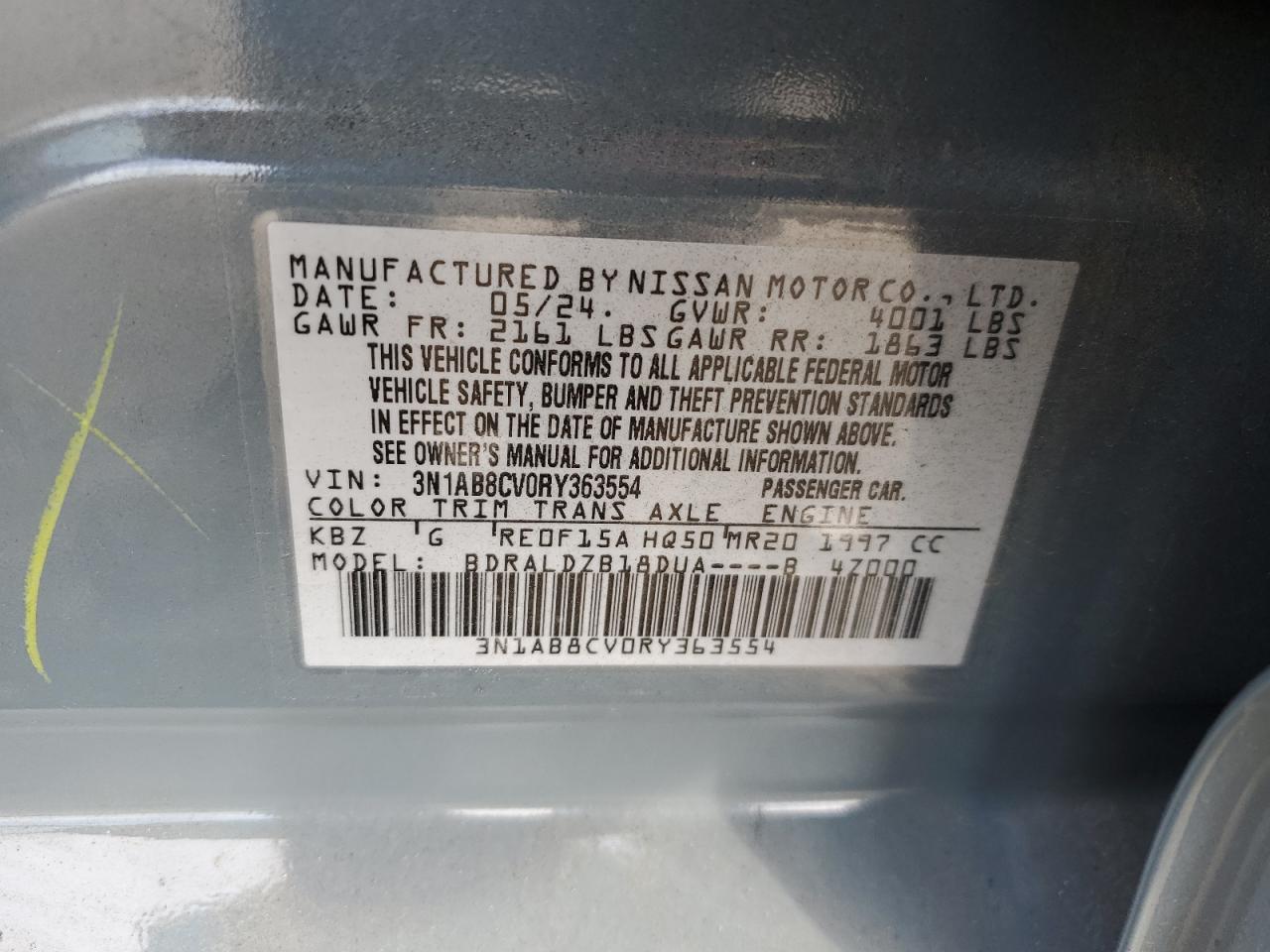 2024 NISSAN SENTRA SV VIN:3N1AB8CV0RY363554