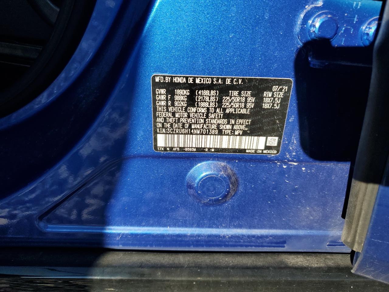 2022 HONDA HR-V SPORT VIN:3CZRU6H14NM701389