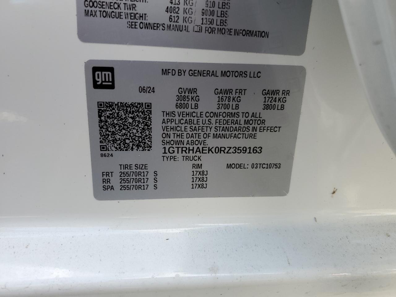 2024 GMC SIERRA C1500 VIN:1GTRHAEK0RZ359163
