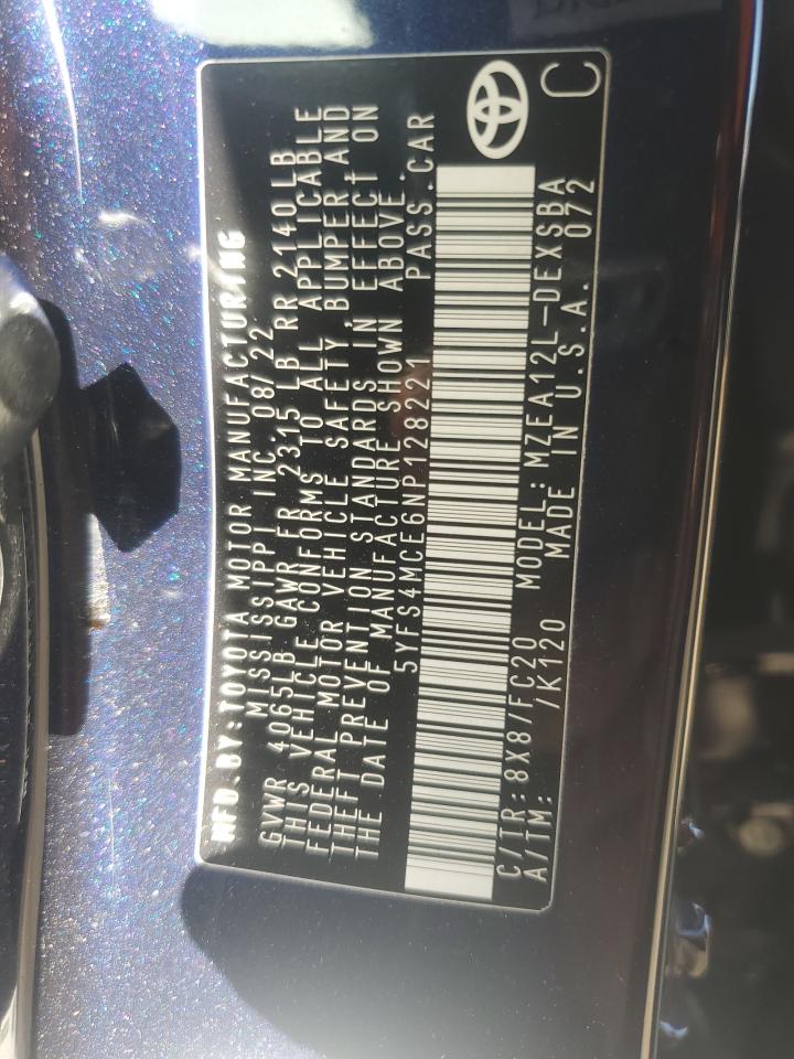 2022 TOYOTA COROLLA SE VIN:5YFS4MCE6NP128221