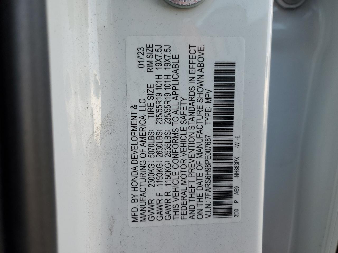 2023 HONDA CR-V SPORT TOURING VIN:7FARS6H98PE007687