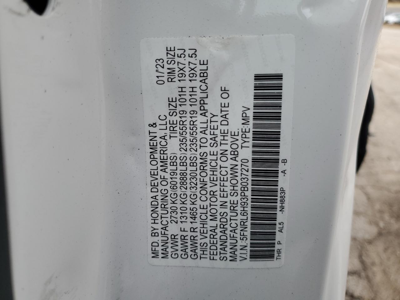 2023 HONDA ODYSSEY ELITE VIN:5FNRL6H93PB037270