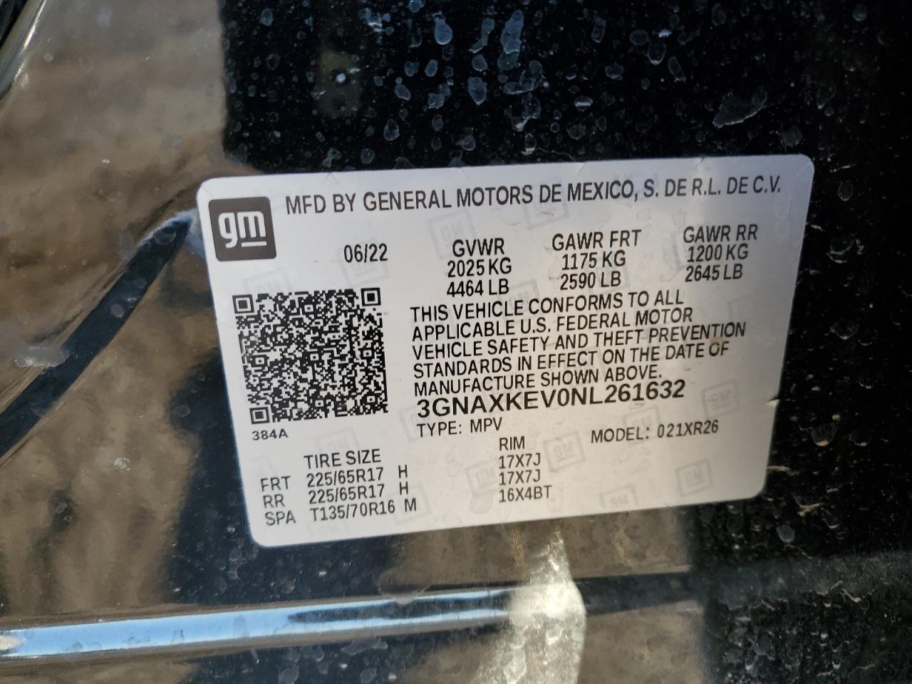 2022 CHEVROLET EQUINOX LT VIN:3GNAXKEV0NL261632