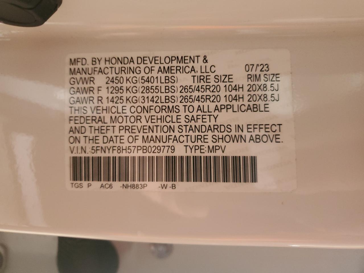 2023 HONDA PASSPORT EXL VIN:5FNYF8H57PB029779