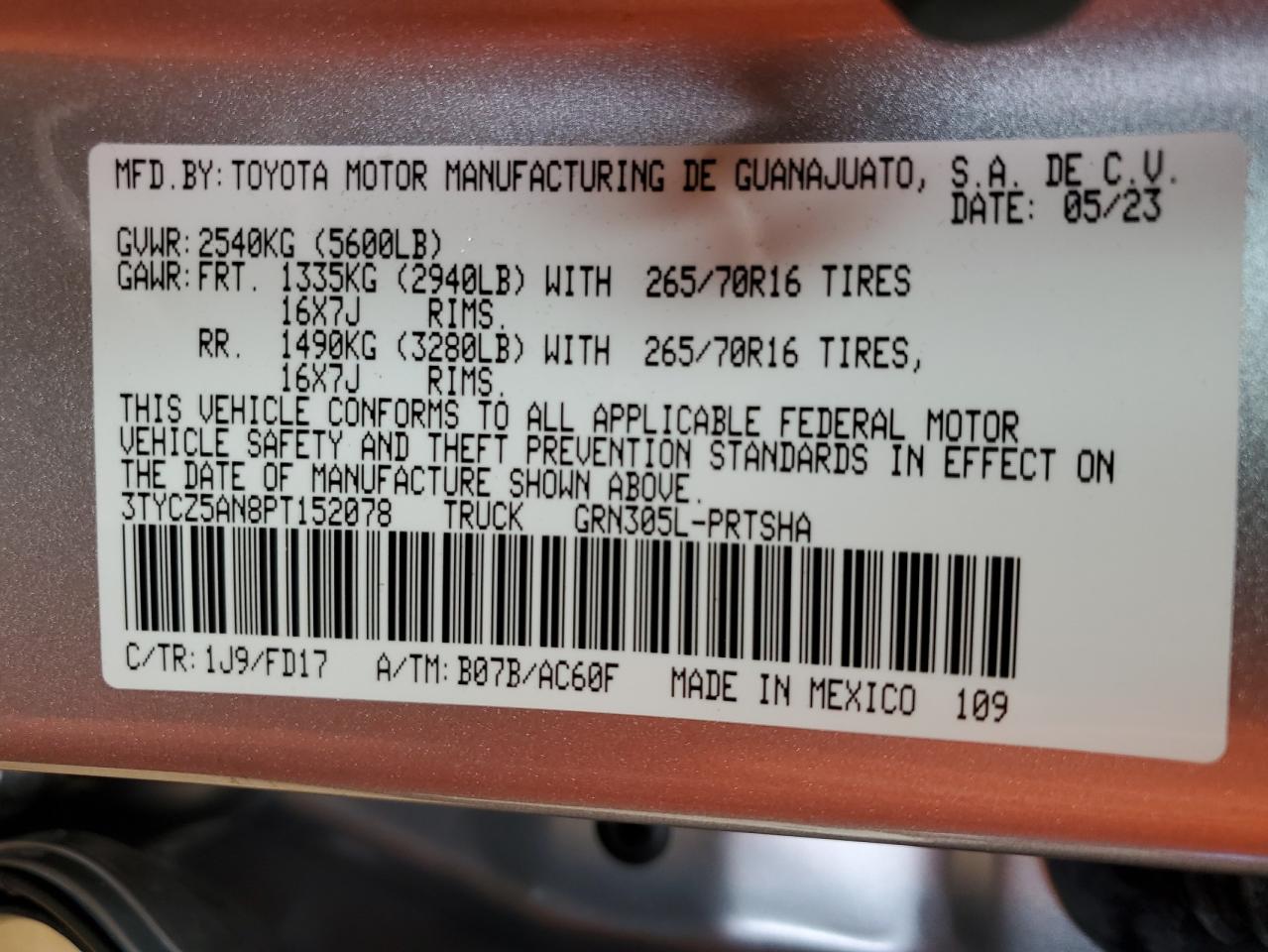 2023 TOYOTA TACOMA DOUBLE CAB VIN:3TYCZ5AN8PT152078