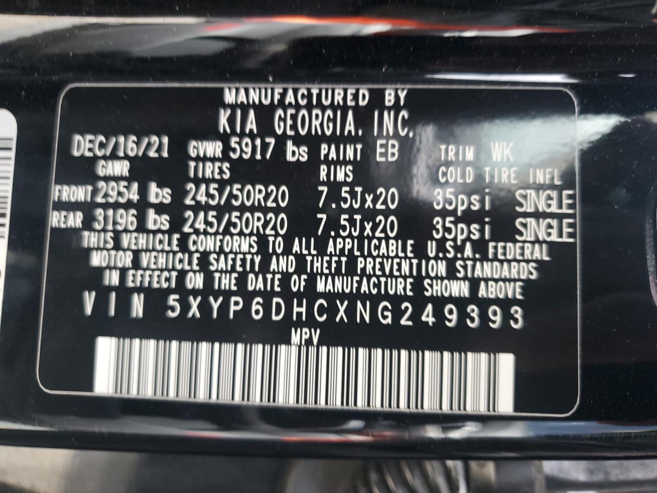 2022 KIA TELLURIDE S VIN:5XYP6DHCXNG249393