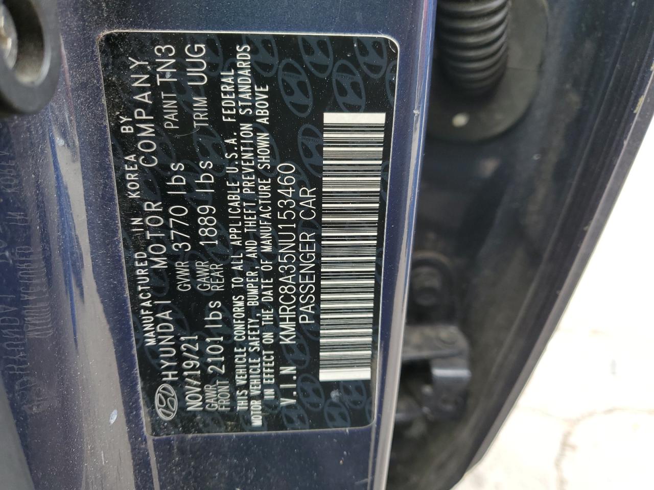 2022 HYUNDAI VENUE SEL VIN:KMHRC8A35NU153460