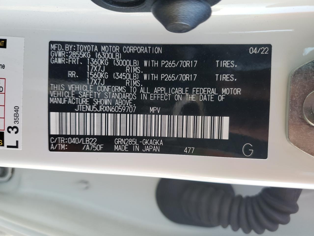 2022 TOYOTA 4RUNNER SR5/SR5 PREMIUM VIN:JTENU5JRXN6059707