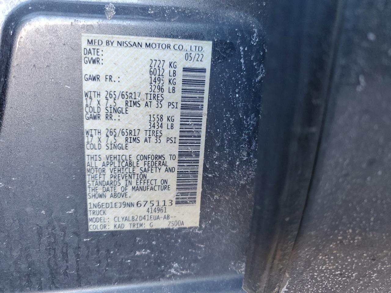 2022 NISSAN FRONTIER S VIN:1N6ED1EJ9NN675113