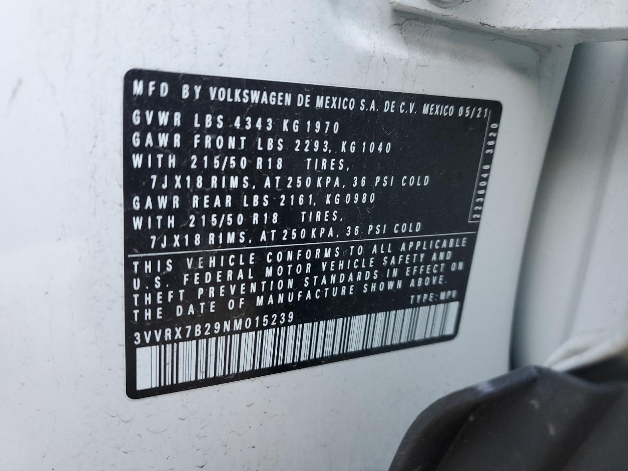 2022 VOLKSWAGEN TAOS SE VIN:3VVRX7B29NM015239