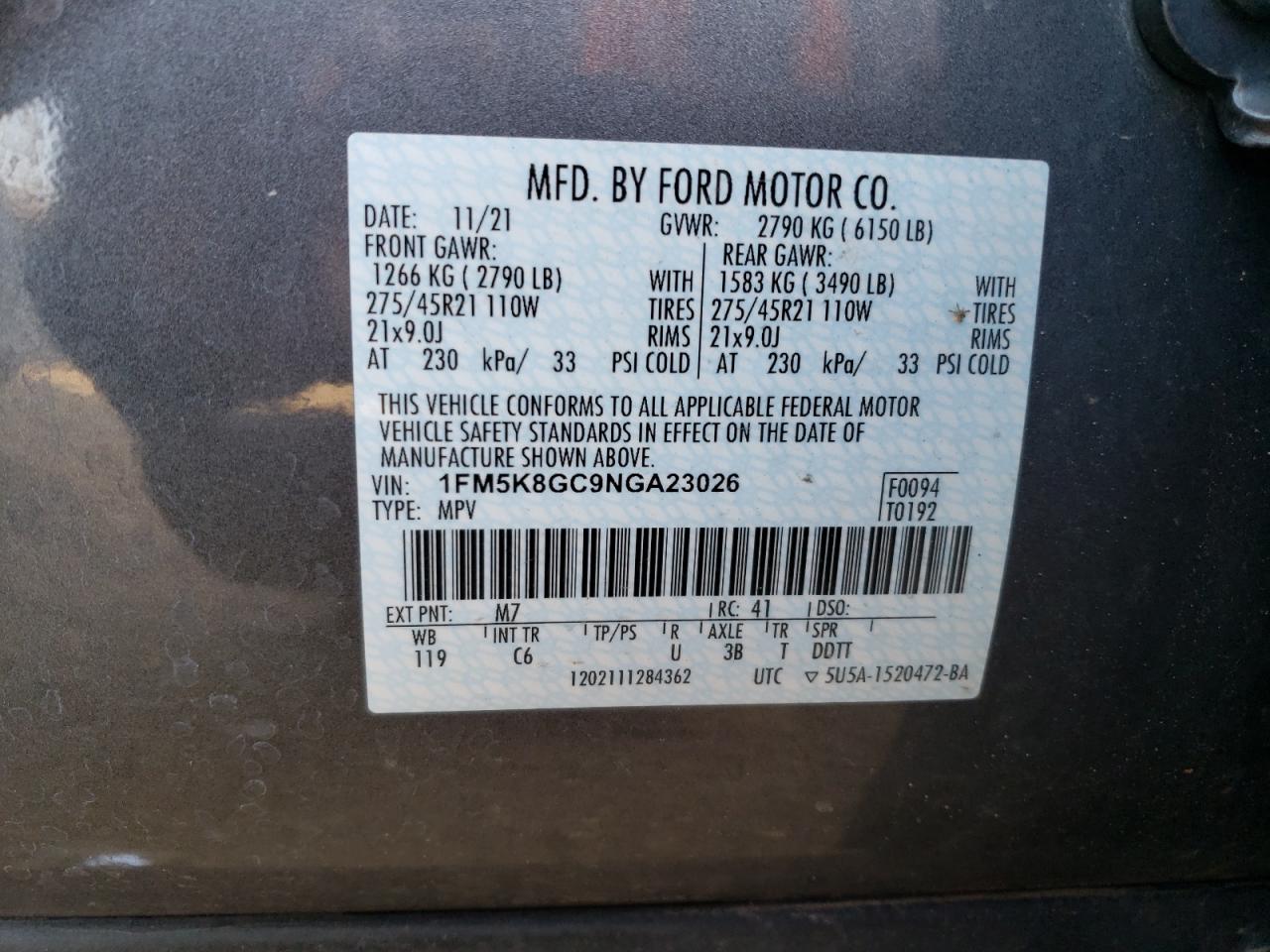 2022 FORD EXPLORER ST VIN:1FM5K8GC9NGA23026