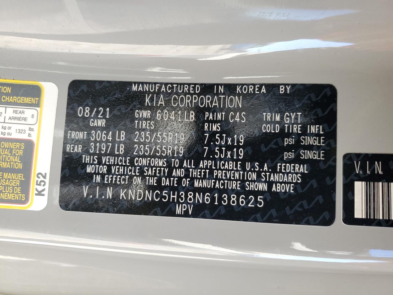 2022 KIA CARNIVAL EX VIN:KNDNC5H38N6138625