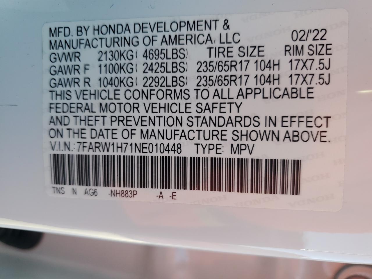 2022 HONDA CR-V SE VIN:7FARW1H71NE010448