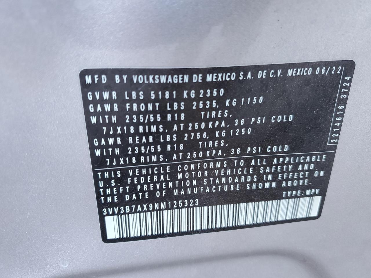 2022 VOLKSWAGEN TIGUAN SE VIN:3VV3B7AX9NM125323