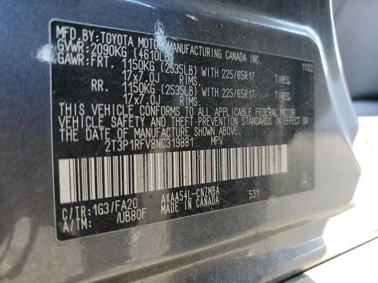 2022 TOYOTA RAV4 XLE VIN:2T3P1RFV8NC319881