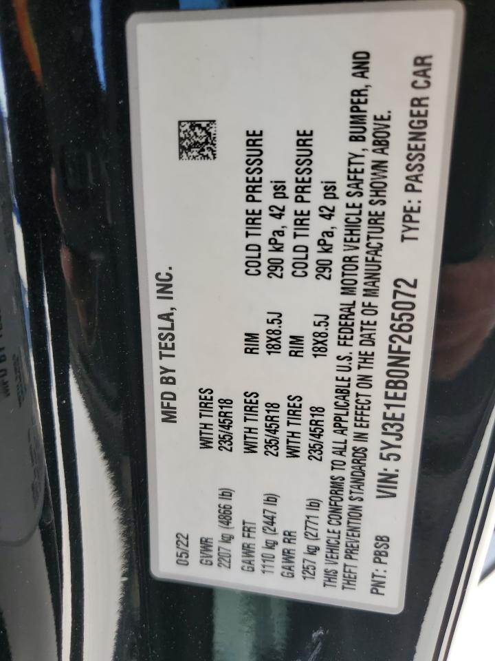 2022 TESLA MODEL 3  VIN:5YJ3E1EB0NF265072